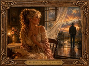 A wistful blonde woman sits beside a rain-brightened doorway, clutching a letter as she watches a lone man silhouetted against a glowing sunset. Warm gold, rose, cream, and amber tones fill the romantic oil-painted scene, accented by lace curtains, flowers, lamplight, reflective boards, and an ornate gilded wooden frame.