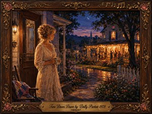 A woman stands on a quiet porch at twilight, gazing toward a warmly lit house party two doors down. Golden lanterns, string lights, flowers, and wet pavement glow against deep blue evening tones. The nostalgic painterly scene feels inviting and hopeful, framed by ornate carved wood, roses, musical motifs, and an engraved brass title plate.