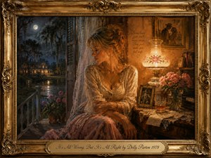 A wistful blonde woman sits beside an open doorway, caught between cool moonlit gardens and a warmly glowing Southern interior. Amber lamplight, dusty rose fabrics, handwritten letters, pink roses, and a framed photograph deepen the intimate, conflicted mood. Rich painterly textures and an ornate gilded frame give the scene romantic vintage elegance.
