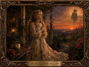A wistful blonde woman in a flowing floral dress stands on a weathered porch at sunset, clutching a letter as she gazes toward a distant cowboy figure fading into the glowing sky. Rich amber, rose, and deep brown tones, lantern light, roses, and an ornate antique frame create a romantic, painterly atmosphere of heartbreak and longing.
