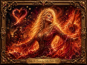 A glamorous blonde country performer stands amid swirling flames, glowing embers, musical notes, and a fiery heart, her arms extended in passionate celebration. Rich reds, oranges, golds, and magentas dominate the dramatic painterly scene. Ornate gilded framing, jewel accents, musicians, a burning guitar, and engraved title plate complete the theatrical composition.
