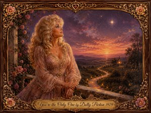A glamorous blonde woman in a flowing pink country-style gown stands on a rose-covered veranda, gazing toward a brilliant star above a glowing sunset valley. Warm gold, violet, rose, and amber tones create a romantic, wistful mood. Rich oil-painting textures, lantern-lit pathways, ornate floral framing, and an engraved title plate complete the nostalgic composition.
