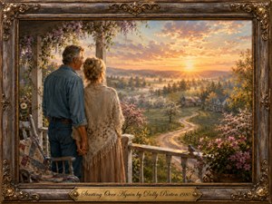 A mature couple stands hand in hand on a flower-covered country porch, gazing toward a radiant sunrise over rolling fields and a winding road. Warm gold, pink, blue, and green tones create a hopeful, reflective mood. Painterly detail, soft mist, spring blossoms, a bluebird, and an ornate carved frame enrich the nostalgic scene.