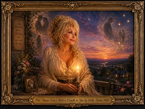 A richly detailed romantic painting portrays a graceful blonde woman on a rustic porch at twilight, illuminated by a glowing candle. Fading ghostlike memories drift through a violet-orange sky above distant hills and a warmly lit farmhouse. Ornate gold framing, flowers, lace, photographs, and soft amber light create a nostalgic, tender atmosphere.