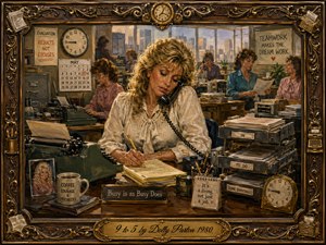 A determined blonde office worker juggles a telephone and paperwork in a bustling 1980s workplace filled with typewriters, clocks, filing trays, coffee, and coworkers. Warm golden-brown tones and soft office light create nostalgic energy, while the richly detailed painterly style and ornate frame emphasize resilience, routine, humor, and working-life pressure.