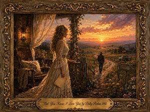A wistful woman in a flowing ivory lace dress watches a lone man walk down a winding country road toward a radiant sunset. Warm gold, amber, and rose tones illuminate wildflowers, a rustic porch, distant hills, and farmhouse lights. The romantic painterly scene is enclosed by an ornate carved frame and engraved title plate.