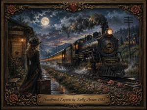 A solitary woman watches a glowing steam train thunder through a moonlit rural station, evoking heartbreak, departure, and longing. Deep blues, smoky blacks, warm amber lights, and crimson roses create rich contrast. Painterly textures, wet reflections, drifting steam, telegraph poles, ornate gilded framing, and the engraved title plate complete the nostalgic composition.