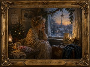A wistful blonde woman sits beside a frosted window, gazing over a snowy town at dusk. Warm amber lamplight contrasts with cool winter blues, while a small Christmas tree, hard candies, candle, suitcase, and hopeful notes deepen the bittersweet mood. Rich painterly detail and an ornate antique-gold frame create nostalgic elegance.