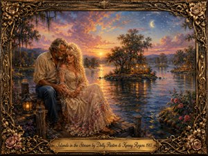 A tender couple sits closely on a rustic dock beside a glowing river at sunset, surrounded by flowers, moss-draped trees, and softly lit islands. Warm gold, rose, lavender, and deep blue reflections create a dreamy romantic mood. The richly detailed oil-painting style is enclosed by an ornate gilded floral frame.