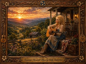 A wistful country singer rests with her guitar on a rustic Tennessee porch, gazing across rolling Appalachian hills glowing beneath a dramatic golden sunset. Wildflowers, split-rail fencing, a weathered barn, quilt, and travel trunk enrich the nostalgic scene. Warm amber light, blue mountain haze, painterly realism, and an ornate carved wooden frame create heartfelt homesick beauty.