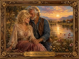A tender mature couple sits closely beside a tranquil river at sunset, their hands gently joined amid wildflowers and rolling countryside. Warm gold, rose, blue, and earthy tones glow beneath soft evening light. The richly textured oil-painting style, ornate carved frame, distant farmhouse, mountains, and engraved title plate create timeless romance.