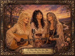 An ornate, painterly portrait shows three women harmonizing around a vintage microphone, flanked by acoustic guitars in a glowing countryside at sunset. Warm gold, rose, and amber light bathes their flowing lace garments, flowers, and river valley backdrop, while an elaborate carved frame and engraved title plate add a romantic, nostalgic elegance.