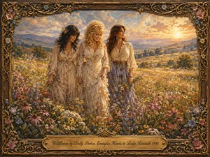 Three graceful women wander through a radiant wildflower meadow beneath a golden sunset, surrounded by rolling hills and distant mountains. Soft creams, pinks, purples, blues, and greens create a warm, nostalgic palette. The richly detailed painterly scene is framed by ornate floral woodwork and a polished engraved title plate.