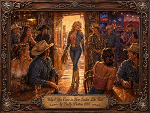 A glamorous blonde woman strides into a lively country honky-tonk, instantly drawing every eye in the room. Warm golden doorway light contrasts with deep denim blues, rustic wood, and glowing neon. Painterly details, amused patrons, musicians, drinks, and dancing create playful energy, framed by ornate carved wood and metalwork.