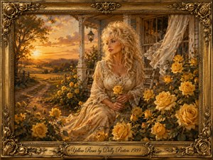 A wistful blonde woman sits among abundant yellow roses beside a weathered country porch at sunset, holding a single bloom while gazing into the distance. Golden light washes the rolling fields, lace curtains, and rustic woodwork. Rich painterly textures, warm amber tones, an ornate floral frame, and engraved title plate create nostalgic elegance.