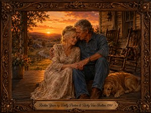 An older couple sits tenderly together on a rustic farmhouse porch at sunset, surrounded by rocking chairs, flowers, and a resting golden dog. Warm amber, gold, and earthy brown tones bathe the peaceful countryside. The richly detailed painterly scene, framed with carved musical ornamentation, evokes enduring love, nostalgia, and companionship.