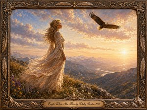 A graceful woman in a flowing ivory dress stands on a wildflower-covered mountain ridge beneath a radiant golden sky as an eagle soars overhead. Warm sunset light illuminates distant peaks and a winding valley, creating a noble, reflective mood. An ornate bronze-gold frame with feather motifs surrounds the romantic painterly scene.