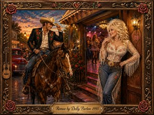 A flirtatious country-western tableau glows at sunset as a handsome cowboy on horseback tips his hat toward a glamorous blonde woman in a honky-tonk doorway. Warm amber and rose tones, lively dancers, a vintage truck, and glowing lantern light enrich the scene, all enclosed by an ornate rose-and-music-themed decorative frame.