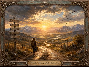 A lone traveler walks a winding country road toward a radiant mountain sunrise, symbolizing resilience, hope, and personal transformation. Warm golds, earthy browns, turquoise accents, and dramatic clouds create a soulful, cinematic atmosphere. Rustic signposts, flying birds, distant peaks, and an ornate antique frame enrich the detailed painterly composition.