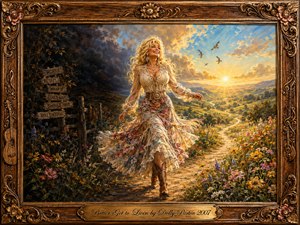 A radiant blonde woman strides from shadow into golden sunrise along a winding wildflower path, symbolizing renewal and purposeful living. Warm yellows, greens, blues, and floral pinks glow in textured painterly light, while dark signposts mark discarded worries. An ornate carved wooden frame and engraved title plate complete the uplifting country-inspired composition.