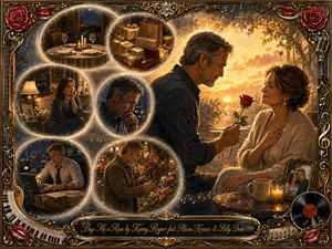 A warmly illuminated romantic collage shows a mature man offering a single red rose to his partner at sunset, surrounded by feathered memory scenes of loneliness, work, gifts, reflection, and reconciliation. Rich gold, amber, cream, and crimson tones glow through painterly textures, framed by ornate roses, musical instruments, filigree, and vintage record motifs.
