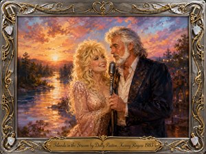 A warmly romantic oil-painted duet unfolds beside a winding river at sunset, where Dolly Parton and Kenny Rogers share a vintage microphone beneath glowing peach, gold, violet, and blue skies. Soft reflections shimmer across the water, while an ornate silver-and-gold musical frame, guitar strings, microphones, and engraved title plate complete the nostalgic composition.