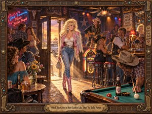A glamorous blonde woman strides into a lively rustic honky-tonk, framed by warm sunset light and admiring patrons. Rich amber, turquoise, pink, and polished wood tones create a playful, flirtatious mood. Detailed painterly realism, glowing neon, a jukebox, pool table, guitars, and ornate western framing give the scene theatrical country charm.