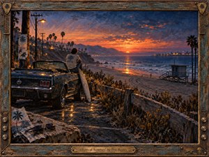 A lone figure sits beside a weathered convertible overlooking a California beach at sunset, evoking fading youth and summer nostalgia. Warm orange and coral light melts into deep blue evening across the ocean, palms, lifeguard tower, distant pier, and wet pavement. Painterly textures, sunglasses, surfboard, and rustic framing deepen the wistful mood.