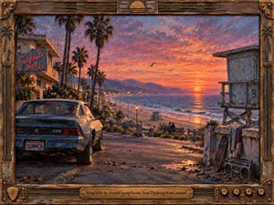 A weathered blue sports car overlooks a palm-lined California beach at sunset, framed by a nostalgic seaside motel, lifeguard tower, surfboard, and vintage boombox. Warm orange and pink light contrasts with cool coastal blues, creating a wistful, cinematic mood of fading summer, memory, distance, and lost youth.
