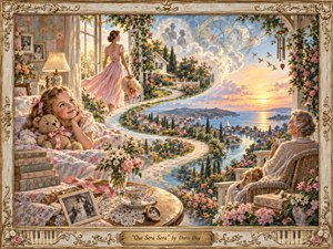 A dreamlike life journey unfolds from childhood to maturity beside a glowing coastal village at sunset. Soft pinks, creams, blues, and golds create a nostalgic, hopeful mood, while winding paths, flowers, clocks, family photographs, and distant figures suggest time passing. Painterly textures, warm light, and ornate framing add handcrafted elegance.