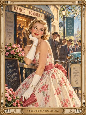 A poised blonde woman in a pink floral dress and white gloves smiles knowingly outside a bustling 1950s dance hall. Suit-clad admirers gather behind her beneath glowing signs and spring blossoms. Warm golden light, turquoise accents, and soft painterly textures create playful romance, enclosed by an ornate musical frame and engraved brass title plate.