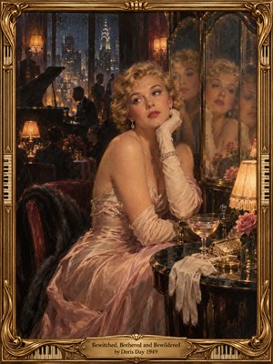 A wistful blonde woman in a blush satin gown sits in a rain-lit 1940s nightclub, her distant gaze echoed in mirrored reflections. Amber lamps illuminate roses, a cocktail, and shadowy jazz musicians against a midnight blue skyline. Rich oil-painted textures and an ornate gold piano-key frame evoke romantic enchantment and uncertainty.