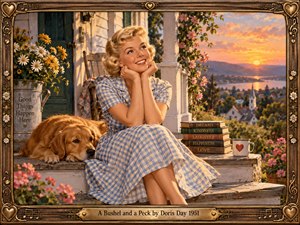 A blonde woman in a blue-and-white gingham dress sits dreamily on a weathered farmhouse porch beside a golden retriever. Daisies, flowering vines, stacked books, and a heart-decorated mug evoke affectionate nostalgia. A glowing sunset illuminates the distant village in warm gold, rose, and amber, surrounded by an ornate vintage frame.