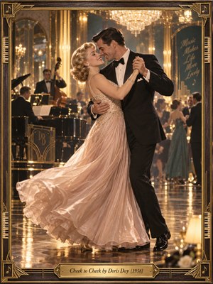 A smiling couple glides across a gleaming ballroom floor, her blush gown swirling around his black tuxedo. Golden chandeliers illuminate musicians and softly blurred dancers behind them. Warm, cinematic lighting and vintage photographic softness evoke timeless romance, while an ornate Art Deco frame with piano keys and a brass title plate completes the scene.