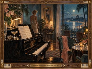 An elegant woman in an ivory gown stands beside a vintage microphone and grand piano in a luxurious 1960s lounge. Beyond the balcony, moonlight illuminates a coastal city. Warm amber lighting, teal velvet, delicate flowers, and shimmering reflections create a romantic, wistful atmosphere within an ornate walnut and brass frame.