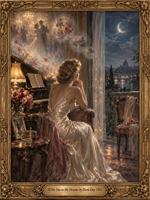 A woman in a shimmering ivory gown gazes across a moonlit city from an elegant room. Rose petals and translucent memories of ballroom dancers drift above a grand piano. Warm amber lamplight meets cool blue night, creating a wistful, romantic atmosphere. Ornate gilded floral framing completes the richly textured oil painting.