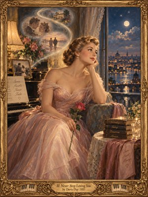 A wistful woman in a flowing rose gown gazes across a moonlit city from an elegant room. Golden lamplight illuminates roses, a piano, and treasured photographs, while luminous memories curl through the air. Soft oil brushwork, twilight blues, warm pinks, and an ornate gilded frame evoke enduring romance.