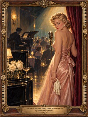 A wistful blonde singer in a shimmering pink satin gown stands beside a vintage microphone in a candlelit supper club. Golden light illuminates her thoughtful expression while a shadowed pianist and elegant guests fade into the background. White roses, burgundy curtains, and an ornate Art Deco frame complete the romantic oil painting.