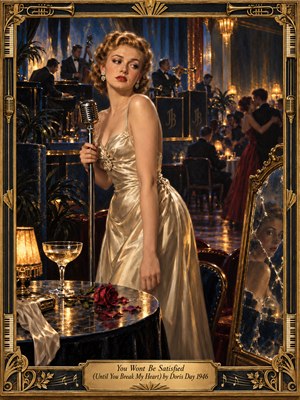 A wistful blonde singer in an ivory satin gown stands beside a vintage microphone in a glamorous 1940s nightclub. Amber lighting illuminates musicians and dancing couples against deep blue shadows. A cracked mirror, champagne glass, and fading rose symbolize heartbreak. Ornate gold Art Deco framing completes the richly detailed oil painting.