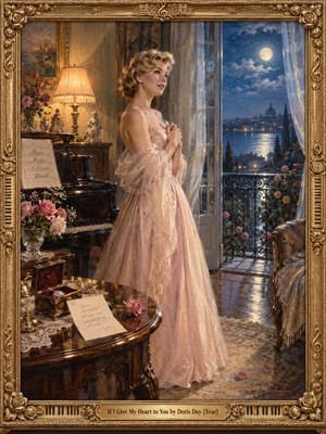 An elegant blonde woman in a flowing blush gown stands beside a piano in a romantic 1950s parlor, gazing toward a moonlit waterfront. Warm lamplight meets cool blue night through open balcony doors. Roses, a keepsake box, and handwritten note enrich the tender, wistful oil painting, framed in ornate gilded wood.