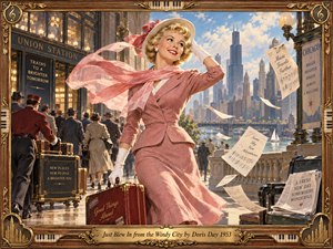 A smiling blonde traveler in a rose-pink 1950s suit strides through a bustling Chicago station, her sheer scarf swirling in the breeze. Golden sunlight illuminates the skyline, river, fluttering sheet music, and vintage luggage. Richly detailed nostalgic painting glows within an ornate wood-and-brass musical frame, radiating optimism and adventure.