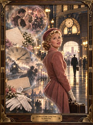 A wistful blonde woman in a dusty rose coat stands inside a grand vintage railway station, surrounded by golden lamps and misty reflections. An S-shaped trail of glowing memories reveals dancing lovers, a steam train, letters, flowers, and antique clocks. Warm cinematic lighting and ornate brass framing evoke enduring romance.