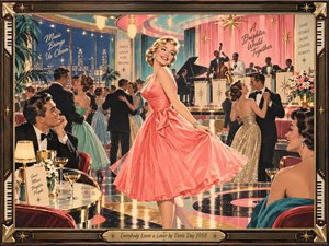 A radiant blonde in a swirling coral gown commands a glamorous 1950s nightclub, where elegant couples dance beneath golden starbursts and a lively jazz band plays. Warm light glitters across polished floors, while mint, pink, and turquoise accents brighten the nostalgic printmaking scene. An ornate piano-key frame completes the romantic celebration.