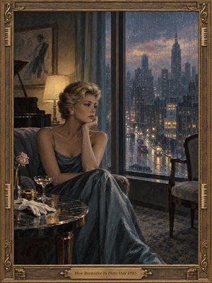 An elegant woman in a blue evening gown sits pensively beside a rain-streaked window overlooking a glowing city at dusk. Warm lamplight contrasts with cool gray-blue streets, while an empty chair, pale rose, and untouched cocktail suggest lost intimacy. Rich oil-painted textures and an ornate bronze musical frame deepen the quiet melancholy.