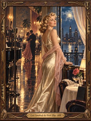 A glamorous blonde woman in a champagne satin gown gazes wistfully across a moonlit city from an elegant 1940s nightclub. Amber lamps illuminate dancing couples, a jazz band, and polished floors, while blue night shimmers beyond the balcony. Rich painterly detail and an ornate brass-trimmed frame create a tender, nostalgic romance.
