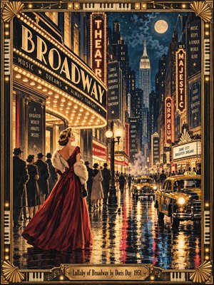 An elegant woman in a crimson gown surveys a bustling Broadway night, surrounded by glowing theater marquees, vintage taxis, and fashionable crowds. Golden reflections sweep along rain-soaked pavement toward a moonlit blue skyline. This nostalgic, dreamlike Art Deco lithograph is enclosed by an ornate brass frame with piano-key details.