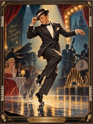 A smiling tap dancer in a dark suit tips his hat beneath a golden spotlight, his polished shoes tracing arcs across a reflective nightclub floor. Crimson curtains, silhouetted jazz musicians, and elegantly dressed spectators evoke playful 1950s glamour. Rich teal shadows and amber lighting illuminate the painterly scene within an ornate Art Deco frame.