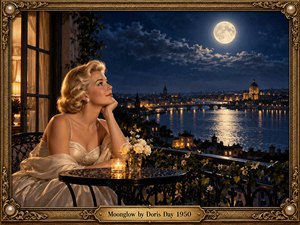 A glamorous blonde woman in an ivory evening gown sits on an ornate balcony, gazing at a luminous full moon above a historic riverside city. Candlelight, white roses, and golden windows glow against deep midnight blues and silver reflections. Rich cinematic realism, intricate gold filigree, and a nostalgic romantic atmosphere evoke timeless elegance and longing.