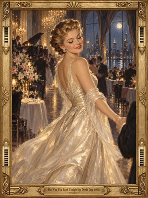 An elegant woman in a shimmering ivory gown turns gracefully through a candlelit ballroom, her soft smile capturing timeless romance. Golden chandeliers, dancing couples, a grand piano, and pale flowers glow against moonlit blue city windows. Luminous oil brushwork and an ornate gold musical frame evoke nostalgic glamour.