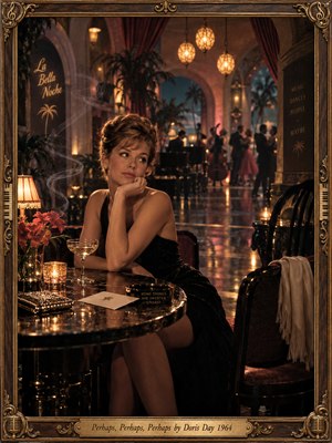 A glamorous woman in a black evening dress gazes sideways from a candlelit nightclub table, beside a cocktail and sealed note. Blurred dancers drift beneath golden lanterns and distant arches. Warm amber, crimson, and teal hues evoke wistful romantic suspense in cinematic vintage photography, bordered by ornate carved wood and brass.